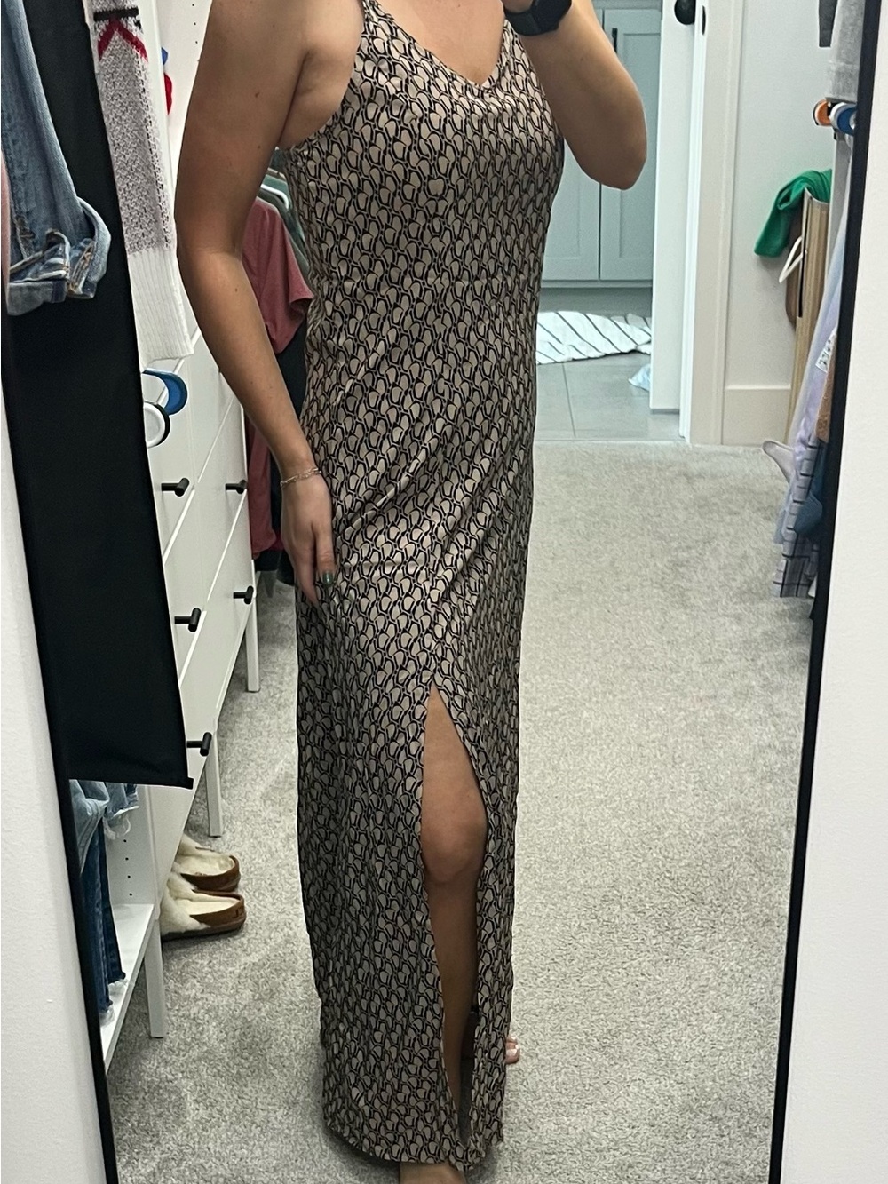 Beige and Black Printed Slip Maxi Dress with Front Slit Size M/6